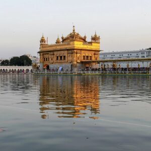 wide shot of golden temple at sunset in amritsar