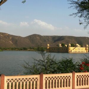 wide shot of jal mahal palace framed by trees and a wall in jaipur