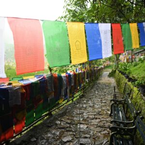 Hanging Colourful Prayer flags at Buddhist holy place