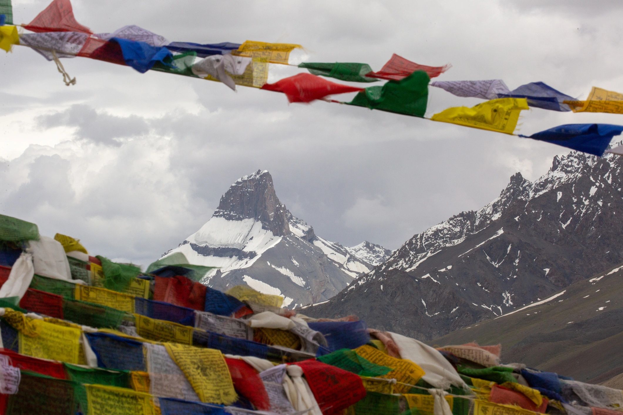 Mountain peak with prayer flags